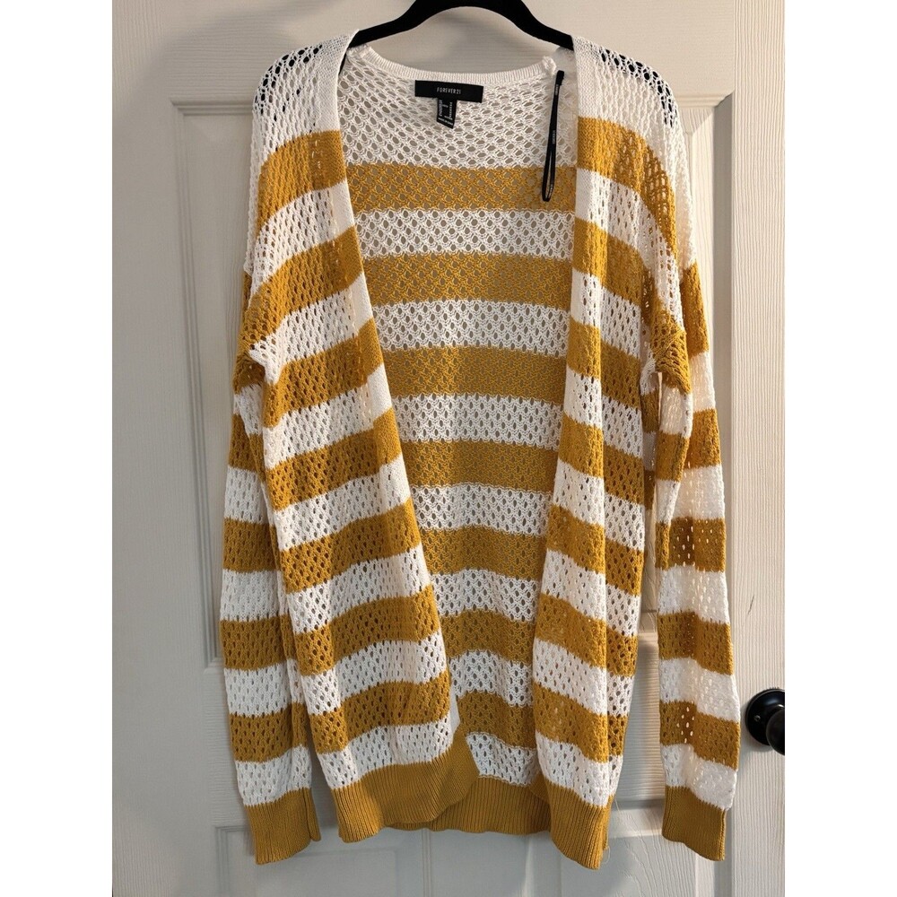 Forever 21 Striped Open Knit Cardigan Medium Mustard White Lightweight Cotton
